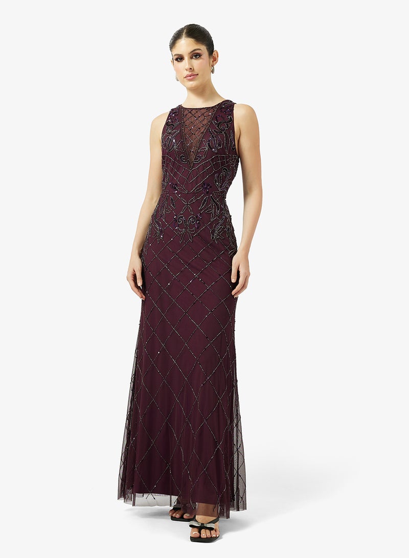 ادريانا بابيل فستان طويل بياقة دائرية وتفاصيل شبكية - Image 1